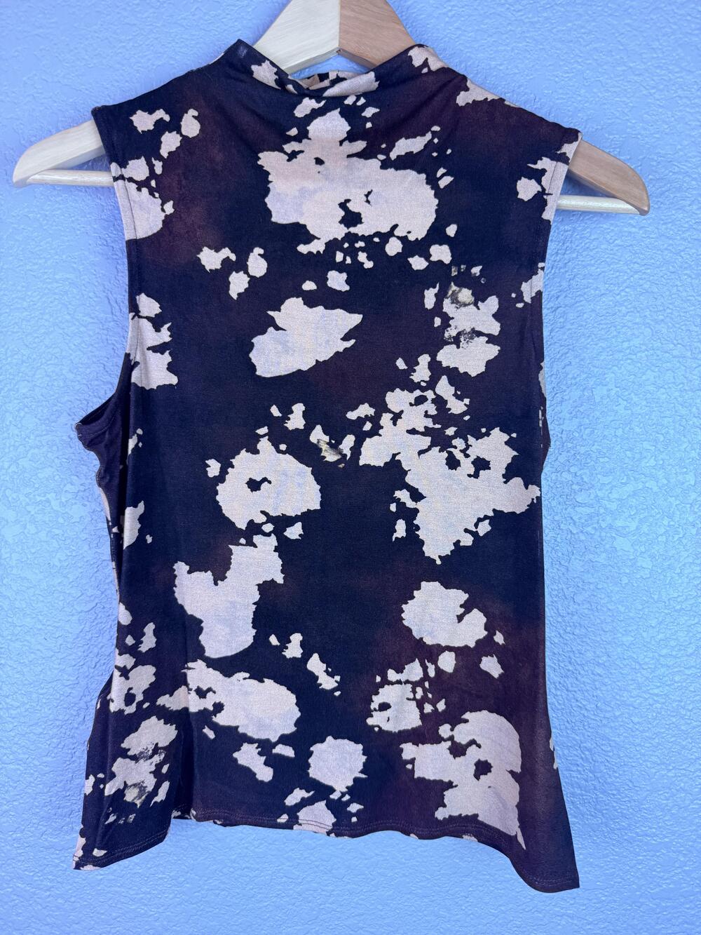 Mango Tank Top Womens Medium Brown Abstract Print Mock Neck Jersey Sleeveless